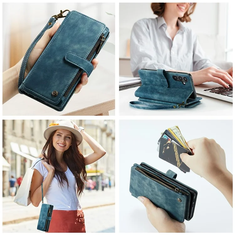 For Samsung Galaxy S24 Phone Cases with Strap CASEME C30 Zipper Multiple Card Holder PU Leather Cover - Blue