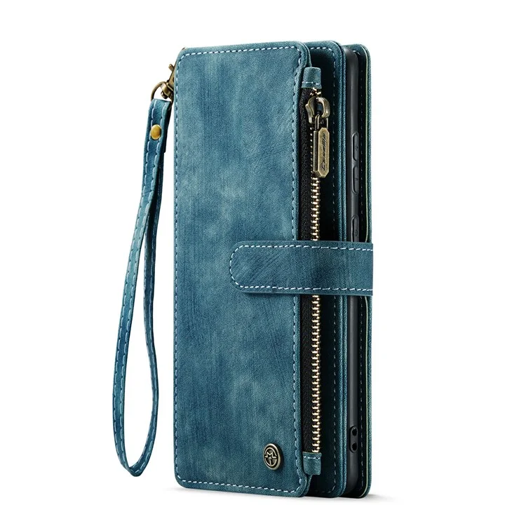 For Samsung Galaxy S24 Phone Cases with Strap CASEME C30 Zipper Multiple Card Holder PU Leather Cover - Blue