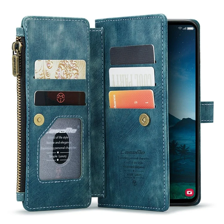 For Samsung Galaxy S24 Phone Cases with Strap CASEME C30 Zipper Multiple Card Holder PU Leather Cover - Blue