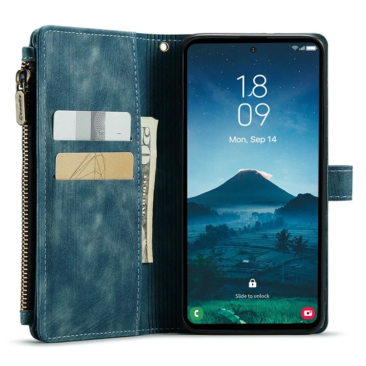 For Samsung Galaxy S24 Phone Cases with Strap CASEME C30 Zipper Multiple Card Holder PU Leather Cover - Blue