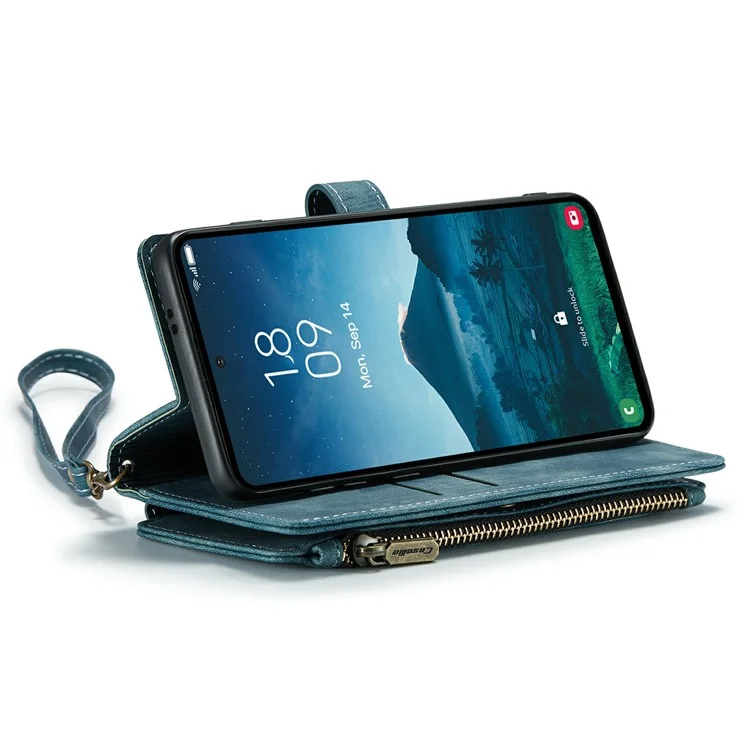 For Samsung Galaxy S24 Phone Cases with Strap CASEME C30 Zipper Multiple Card Holder PU Leather Cover - Blue