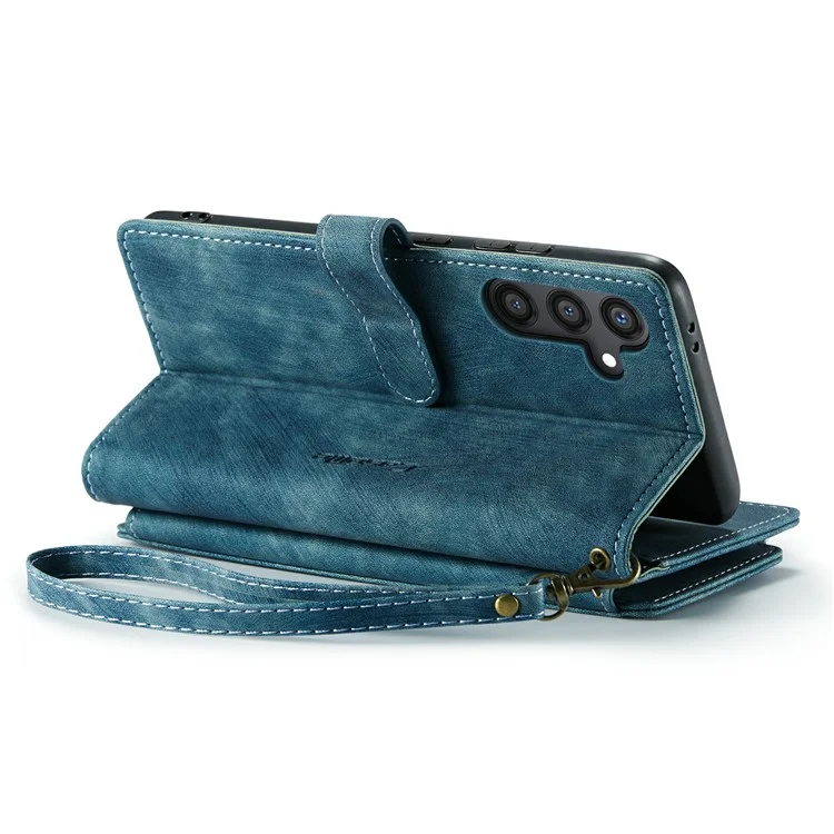 For Samsung Galaxy S24 Phone Cases with Strap CASEME C30 Zipper Multiple Card Holder PU Leather Cover - Blue