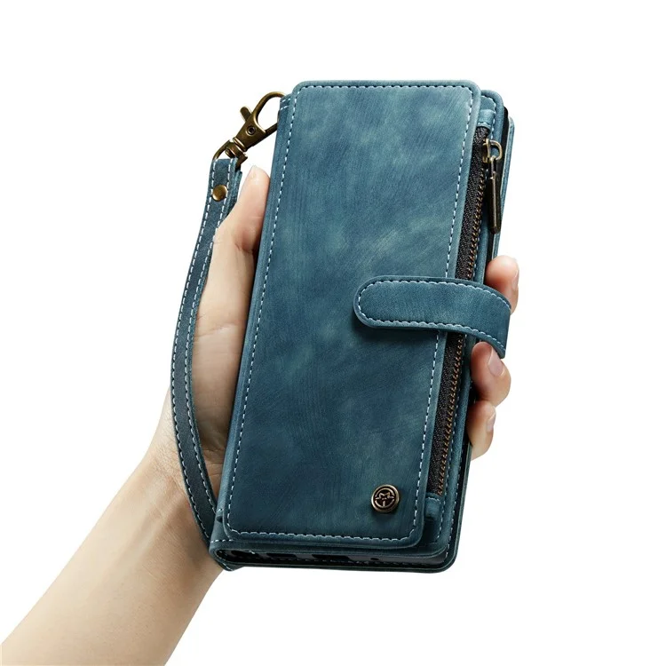 For Samsung Galaxy S24 Phone Cases with Strap CASEME C30 Zipper Multiple Card Holder PU Leather Cover - Blue