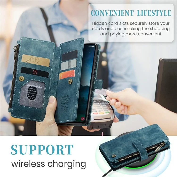 For Samsung Galaxy S24 Phone Cases with Strap CASEME C30 Zipper Multiple Card Holder PU Leather Cover - Blue