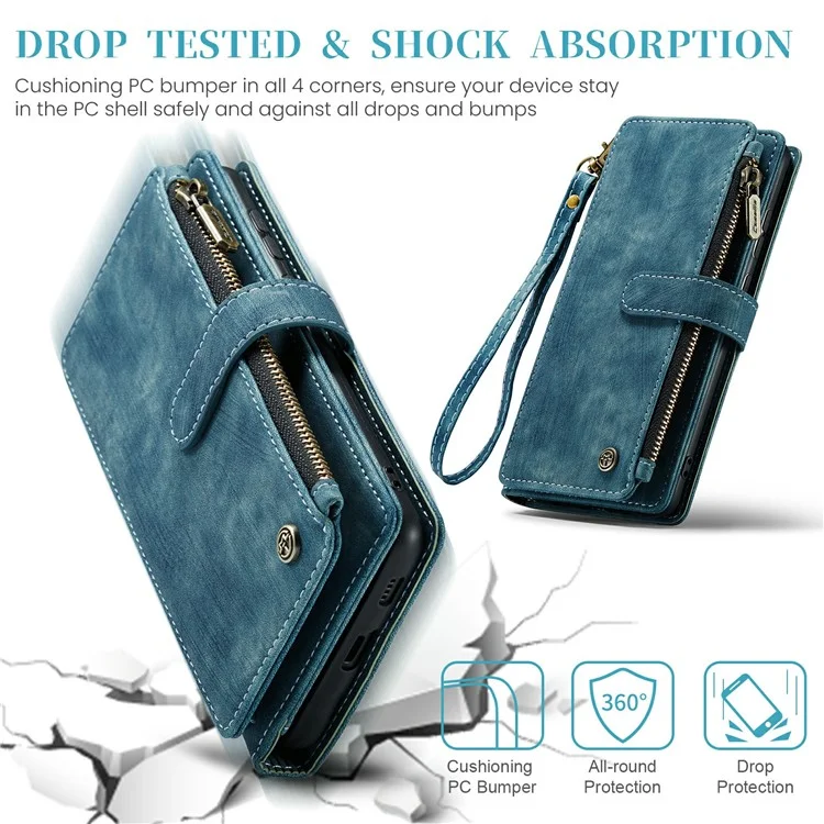 For Samsung Galaxy S24 Phone Cases with Strap CASEME C30 Zipper Multiple Card Holder PU Leather Cover - Blue