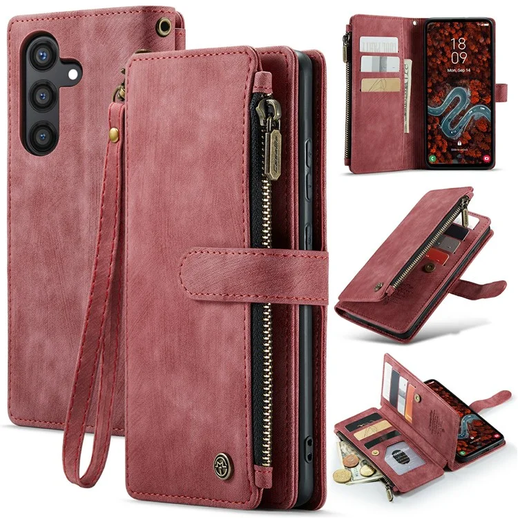 CASEME C30 Series para Samsung Galaxy S24+ Case 10 Suporte para Cartão Capa de Telefone de Couro - Vermelho