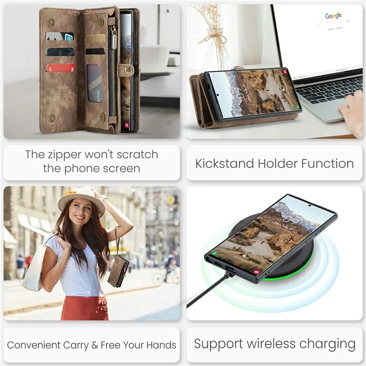 CASEME 008 Series для Samsung Galaxy S24 Ultra Кожаный чехол Съемный бумажник Чехол для телефона - Brown