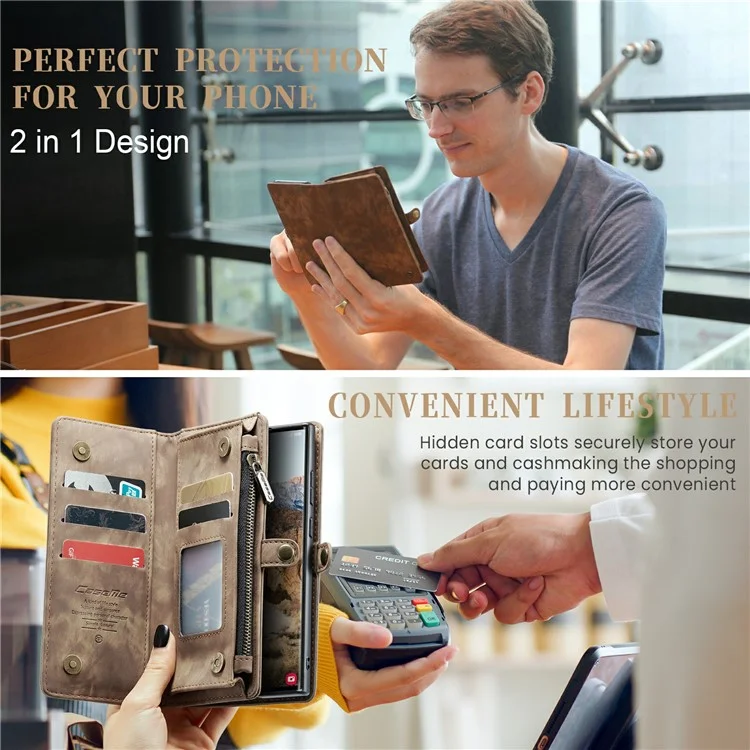 CASEME 008 Series для Samsung Galaxy S24 Ultra Кожаный чехол Съемный бумажник Чехол для телефона - Brown