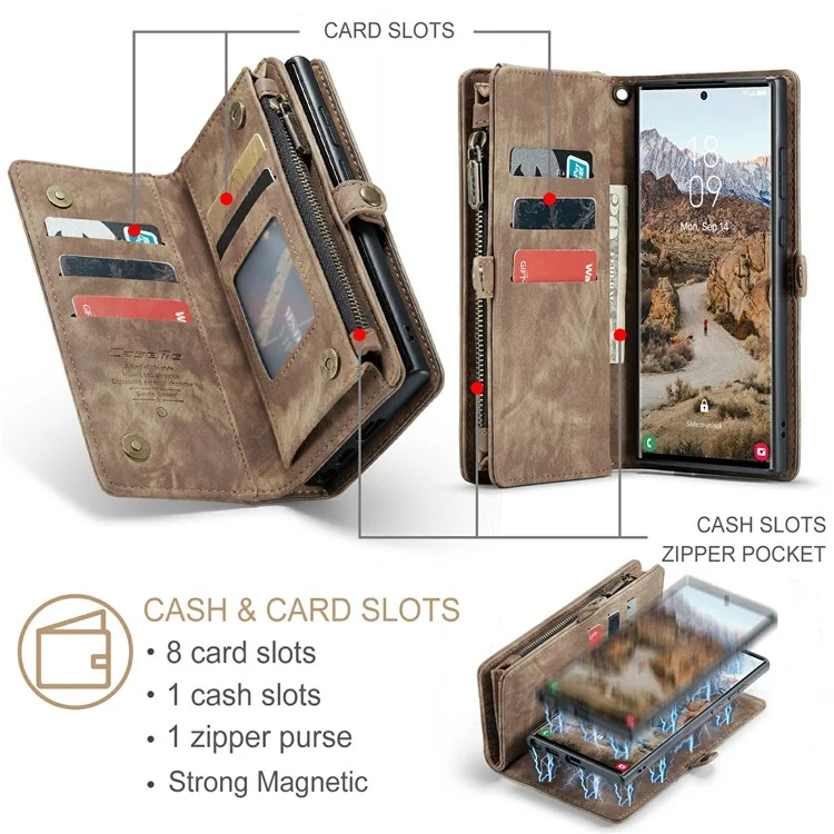 CASEME 008 Series для Samsung Galaxy S24 Ultra Кожаный чехол Съемный бумажник Чехол для телефона - Brown