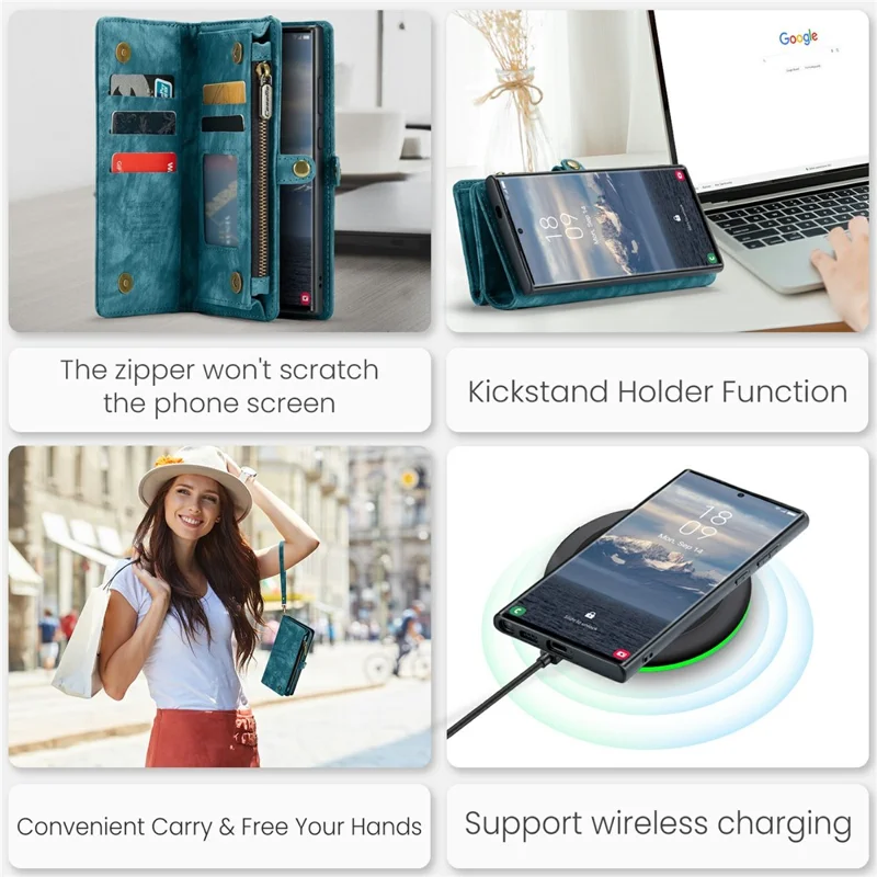 For Samsung Galaxy S24 Ultra Phone Cases CASEME 008 Leather Cover with Detachable Wallet and Strap - Blue