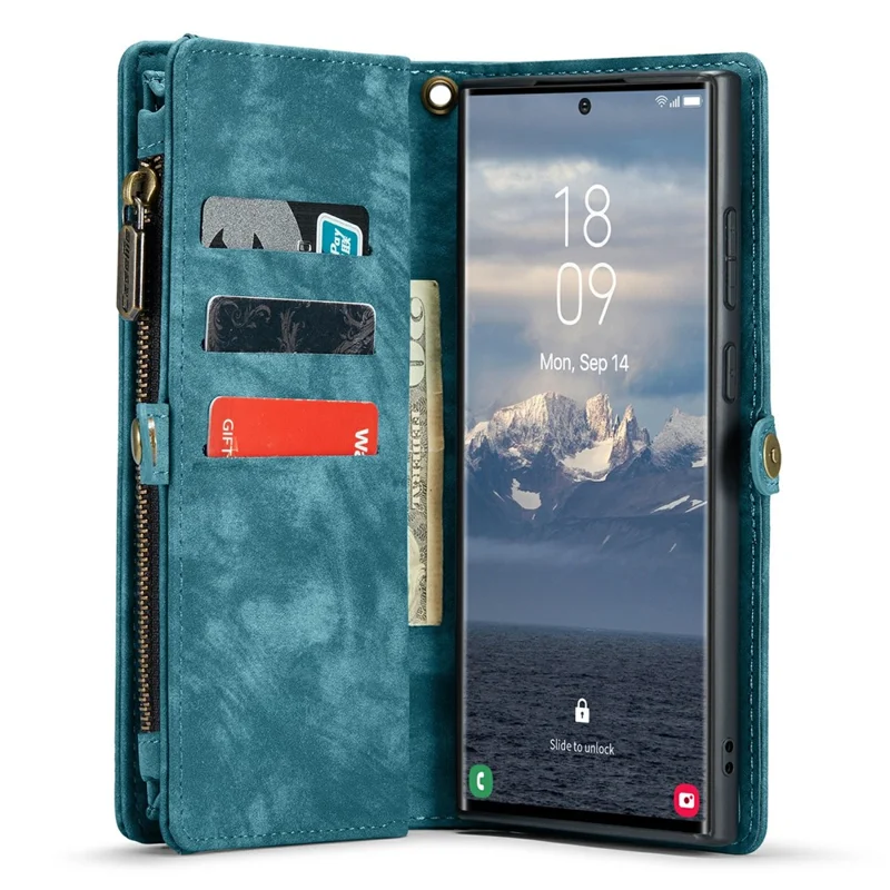 For Samsung Galaxy S24 Ultra Phone Cases CASEME 008 Leather Cover with Detachable Wallet and Strap - Blue