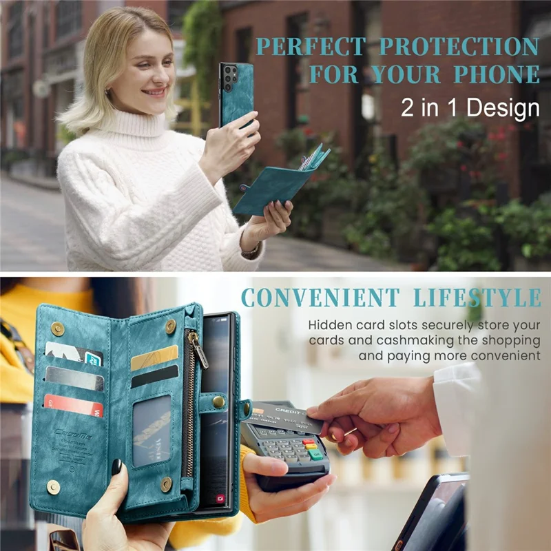 For Samsung Galaxy S24 Ultra Phone Cases CASEME 008 Leather Cover with Detachable Wallet and Strap - Blue