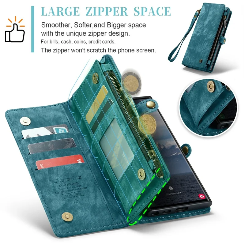 For Samsung Galaxy S24 Ultra Phone Cases CASEME 008 Leather Cover with Detachable Wallet and Strap - Blue