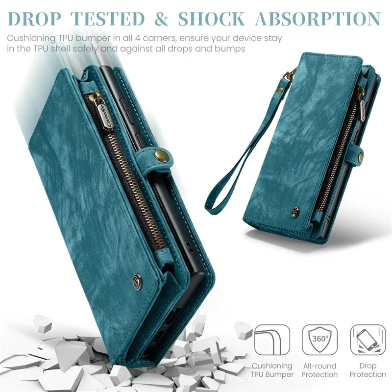 For Samsung Galaxy S24 Ultra Phone Cases CASEME 008 Leather Cover with Detachable Wallet and Strap - Blue