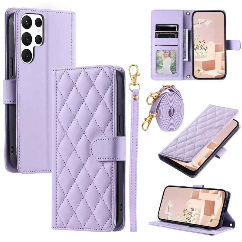 For Samsung Galaxy S23 Ultra Case Wallet Phone Cover with Shoulder Strap and Hand Strap - Purple