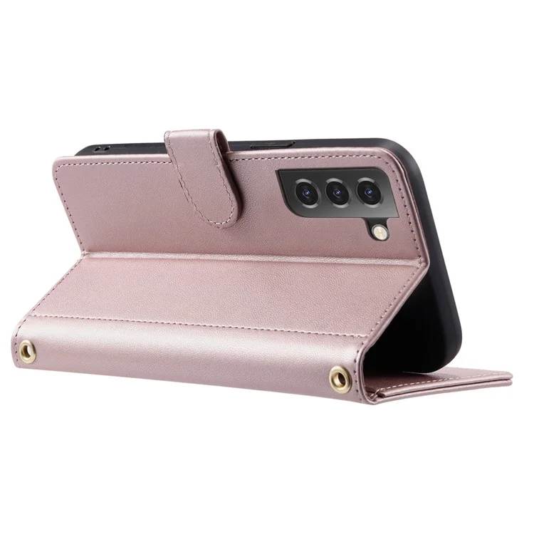 For Samsung Galaxy S22 5G Crossbody Phone Case Rhombus Leather Wallet Cover - Rose Gold