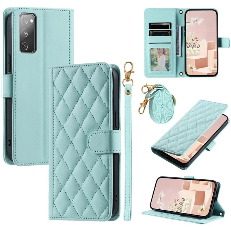 For Samsung Galaxy S20 FE / S20 FE 5G / S20 FE 2022 / S20 Lite Case Leather Wallet Cover with Straps - Mint Green