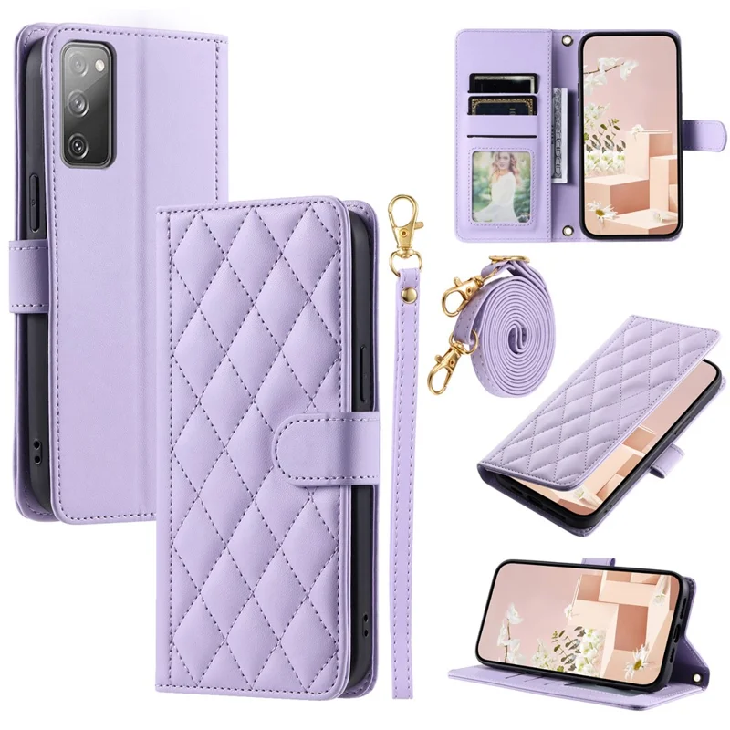 For Samsung Galaxy S20 FE / S20 FE 5G / S20 FE 2022 / S20 Lite Case Leather Wallet Cover with Straps - Purple