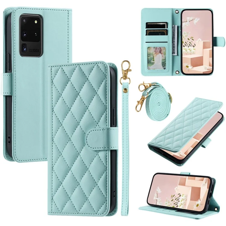 Pour Samsung Galaxy S20 Ultra Case Stand Flip Leather Téléphone Couvercle Avec 2 Sangles - Menthe Verte