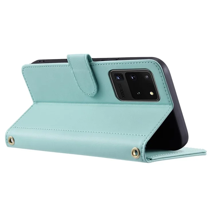 For Samsung Galaxy S20 Ultra Case Stand Flip Leather Phone Cover with 2 Straps - Mint Green