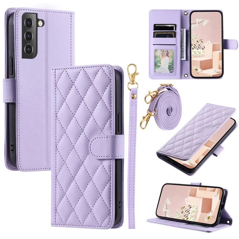 For Samsung Galaxy S21 4G / 5G Leather Case with Straps Wallet Stand Phone Cover - Purple