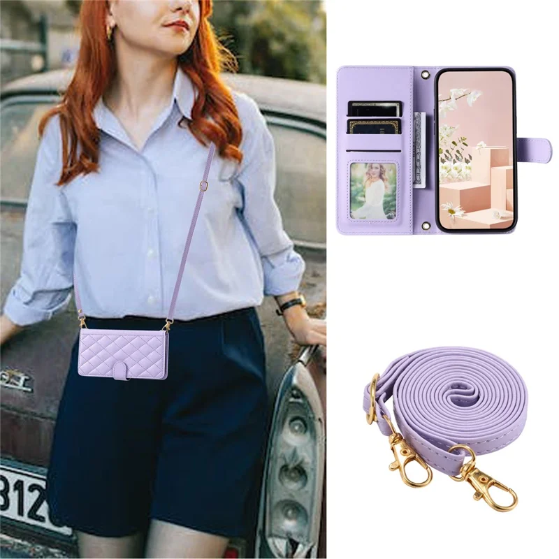For Samsung Galaxy S21 4G / 5G Leather Case with Straps Wallet Stand Phone Cover - Purple