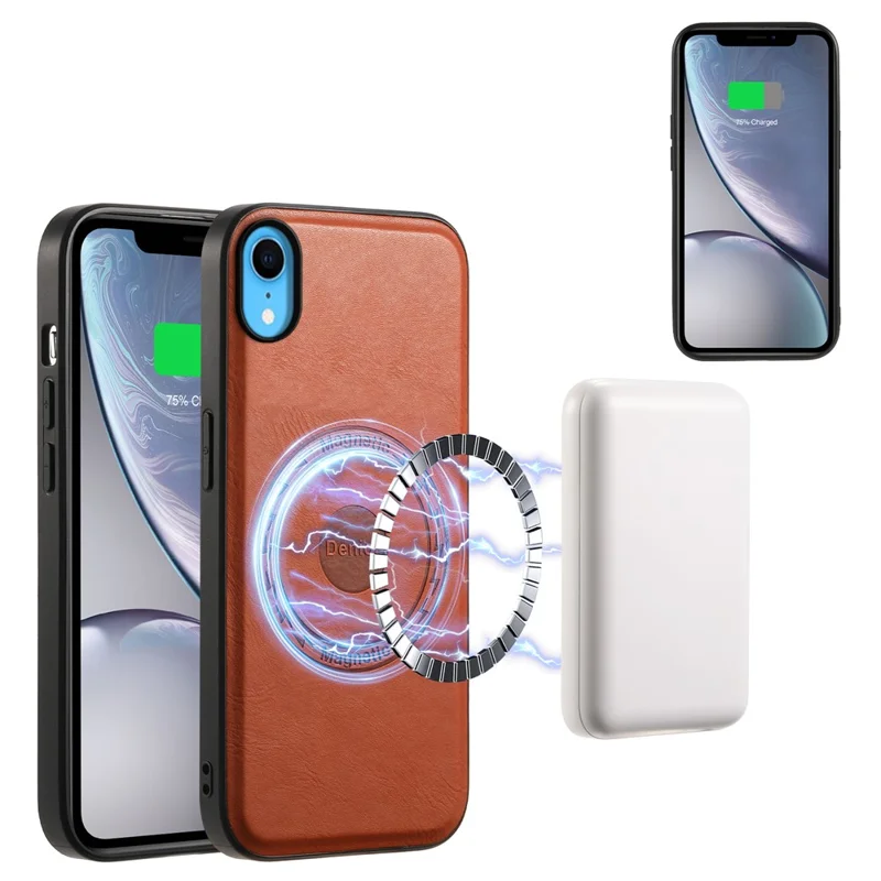 DENIOR For iPhone XR Case PU Leather Phone Back Cover Compatible with Magsafe - Brown
