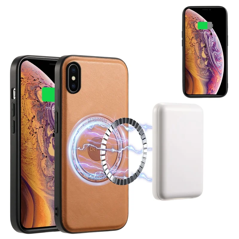 DENIOR For iPhone X / XS Case Compatible with MagSafe Cowhide Texture Shockproof Phone Cover - Khaki