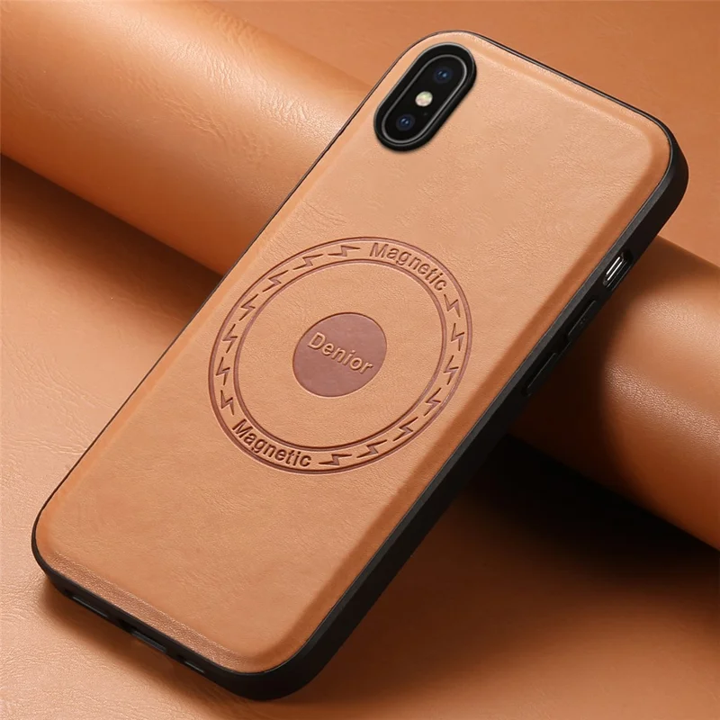 DENIOR For iPhone X / XS Case Compatible with MagSafe Cowhide Texture Shockproof Phone Cover - Khaki