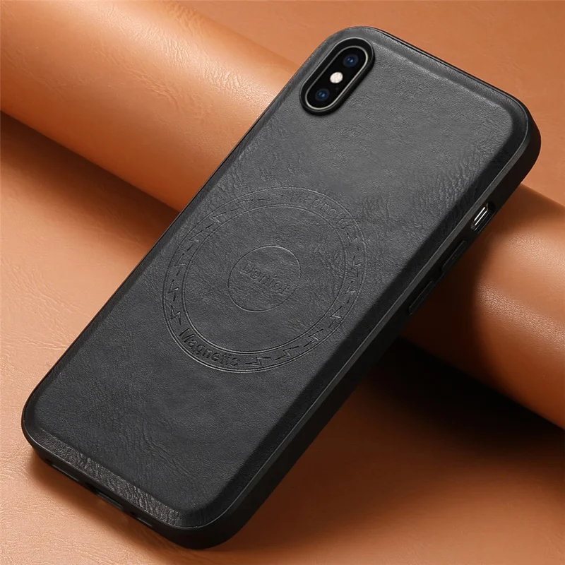 DENIOR For iPhone XS Max Magnetic Case PU Leather Coated PC+TPU Shockproof Phone Cover - Black