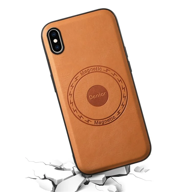 DENIOR For iPhone XS Max Magnetic Case PU Leather Coated PC+TPU Shockproof Phone Cover - Khaki