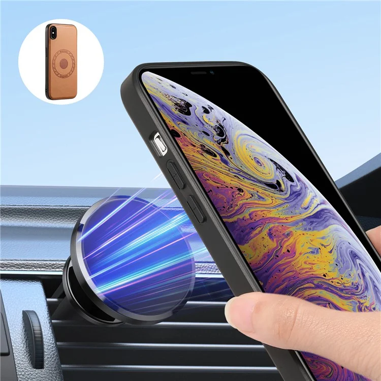 DENIOR For iPhone XS Max Magnetic Case PU Leather Coated PC+TPU Shockproof Phone Cover - Khaki