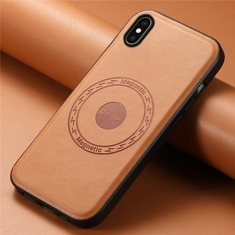 DENIOR For iPhone XS Max Magnetic Case PU Leather Coated PC+TPU Shockproof Phone Cover - Khaki