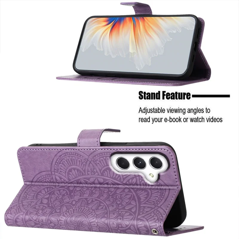 For Samsung Galaxy A15 5G Cell Phone Case Flower Imprinted Wallet Cover - Purple