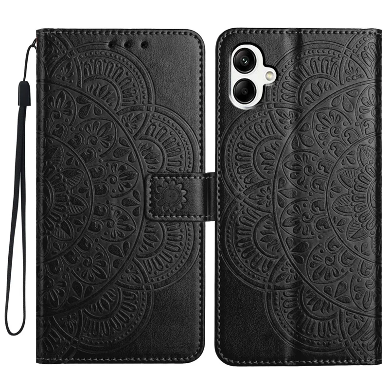 For Samsung Galaxy A05 4G Case Magnetic Foldable Stand Phone Cover with Flower Pattern - Black