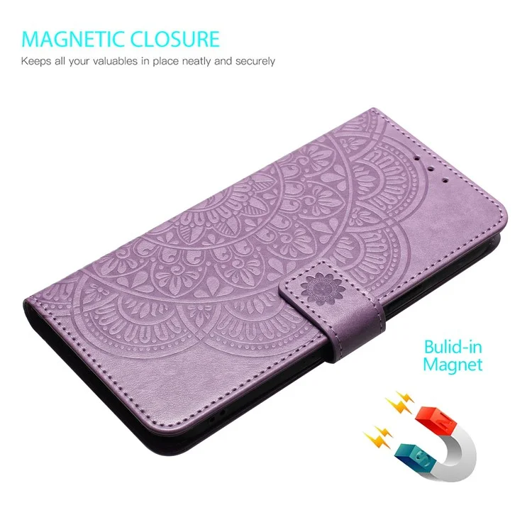 For Samsung Galaxy A52 5G / 4G / A52s 5G Case Flower Imprinted Magnetic Closure Stand Phone Cover - Purple