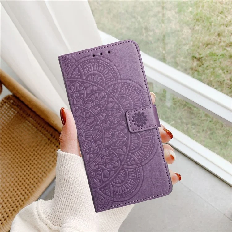 For Samsung Galaxy A52 5G / 4G / A52s 5G Case Flower Imprinted Magnetic Closure Stand Phone Cover - Purple