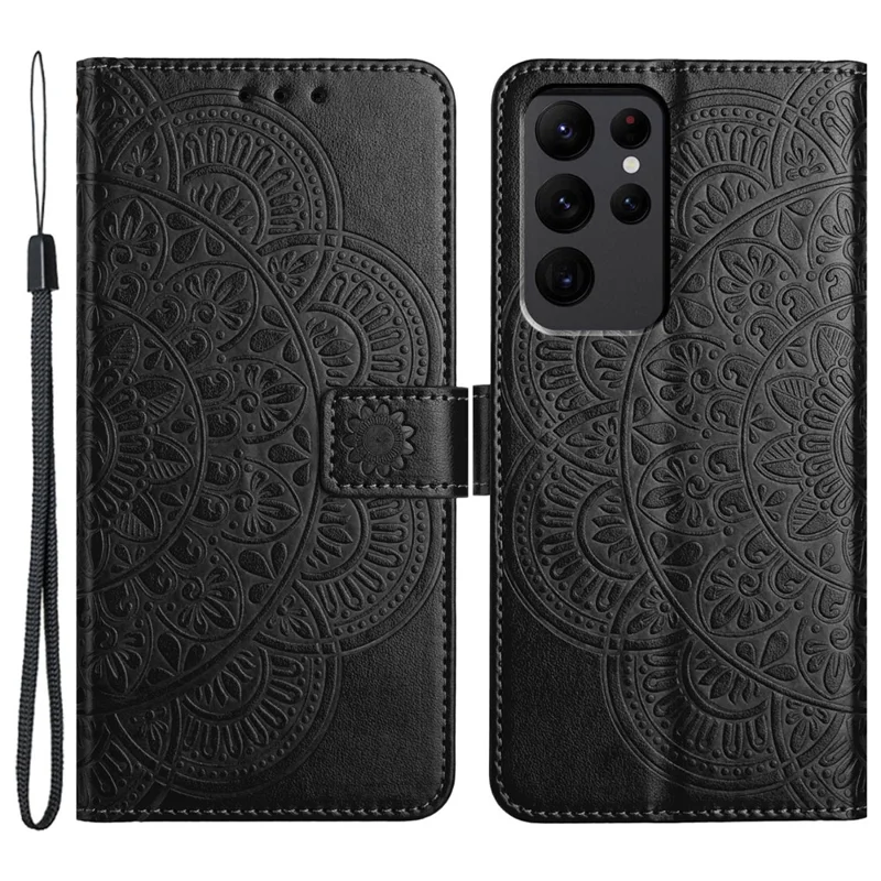 For Samsung Galaxy S23 Ultra Cell Phone Cases Flower Pattern Leather Cover - Black