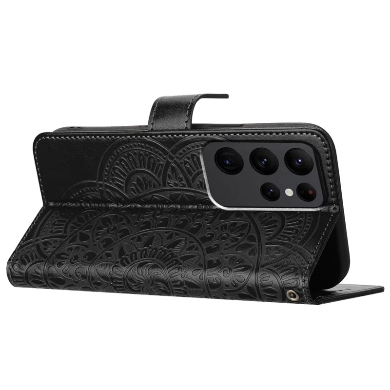 For Samsung Galaxy S23 Ultra Cell Phone Cases Flower Pattern Leather Cover - Black
