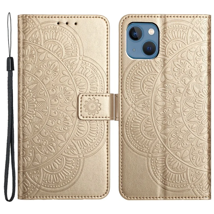 For iPhone 15 Case Drop-resistant PU Leather+TPU Phone Cover with Wrist Strap - Gold
