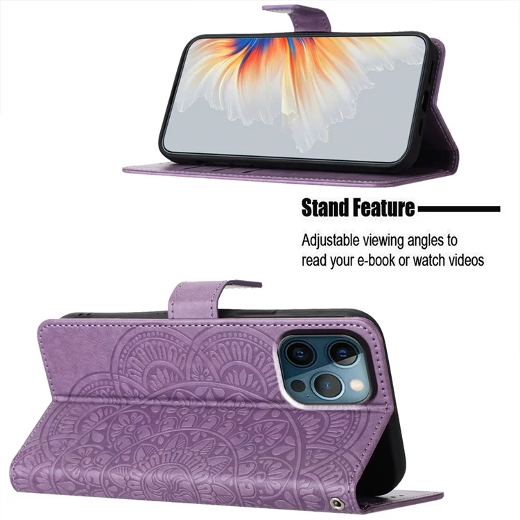 For iPhone 15 Pro Max Case Flower Pattern Flip Stand Phone Protector - Purple