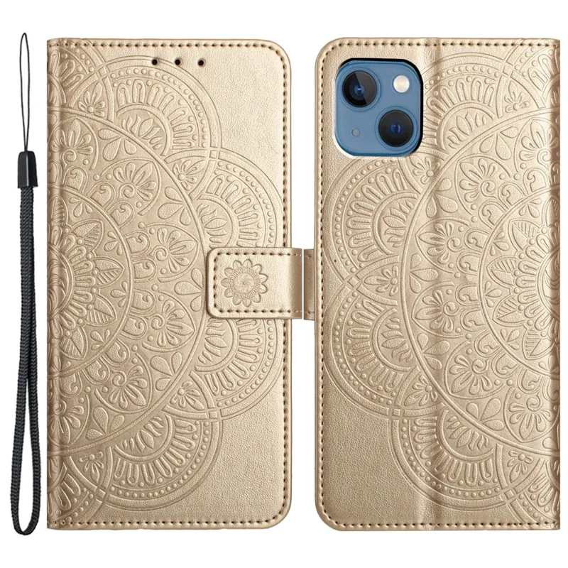 For iPhone 14 Plus Wallet Case Flower Pattern Flip Design Phone Protector - Gold