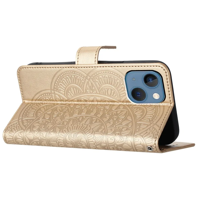 For iPhone 14 Plus Wallet Case Flower Pattern Flip Design Phone Protector - Gold