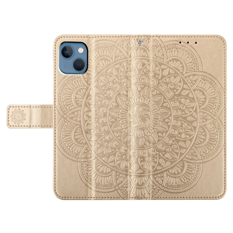 For iPhone 14 Plus Wallet Case Flower Pattern Flip Design Phone Protector - Gold