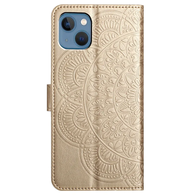 For iPhone 14 Plus Wallet Case Flower Pattern Flip Design Phone Protector - Gold