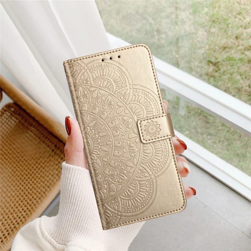 For iPhone 14 Plus Wallet Case Flower Pattern Flip Design Phone Protector - Gold