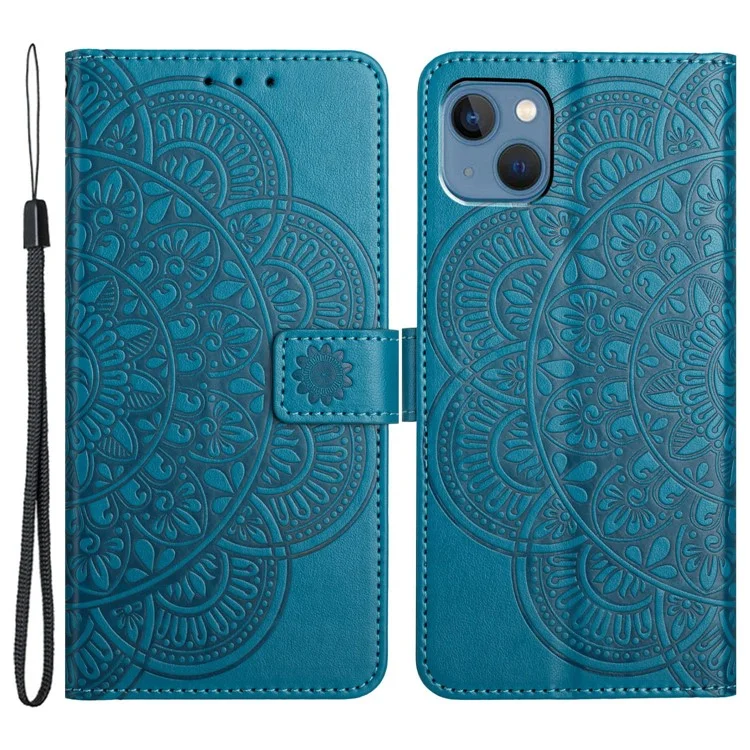For iPhone 14 Case Leather Flip Phone Wallet Cover Flower Imprinted - Blue