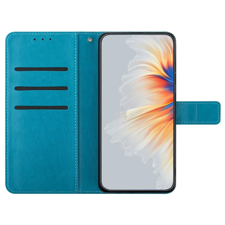 For iPhone 14 Case Leather Flip Phone Wallet Cover Flower Imprinted - Blue