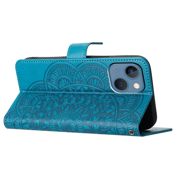 For iPhone 14 Case Leather Flip Phone Wallet Cover Flower Imprinted - Blue