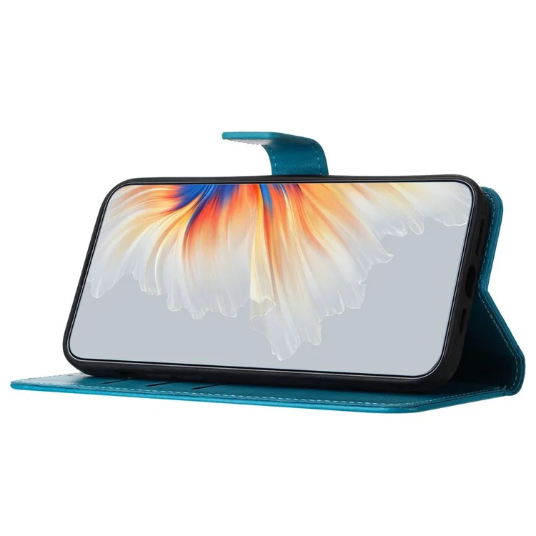 For iPhone 14 Case Leather Flip Phone Wallet Cover Flower Imprinted - Blue